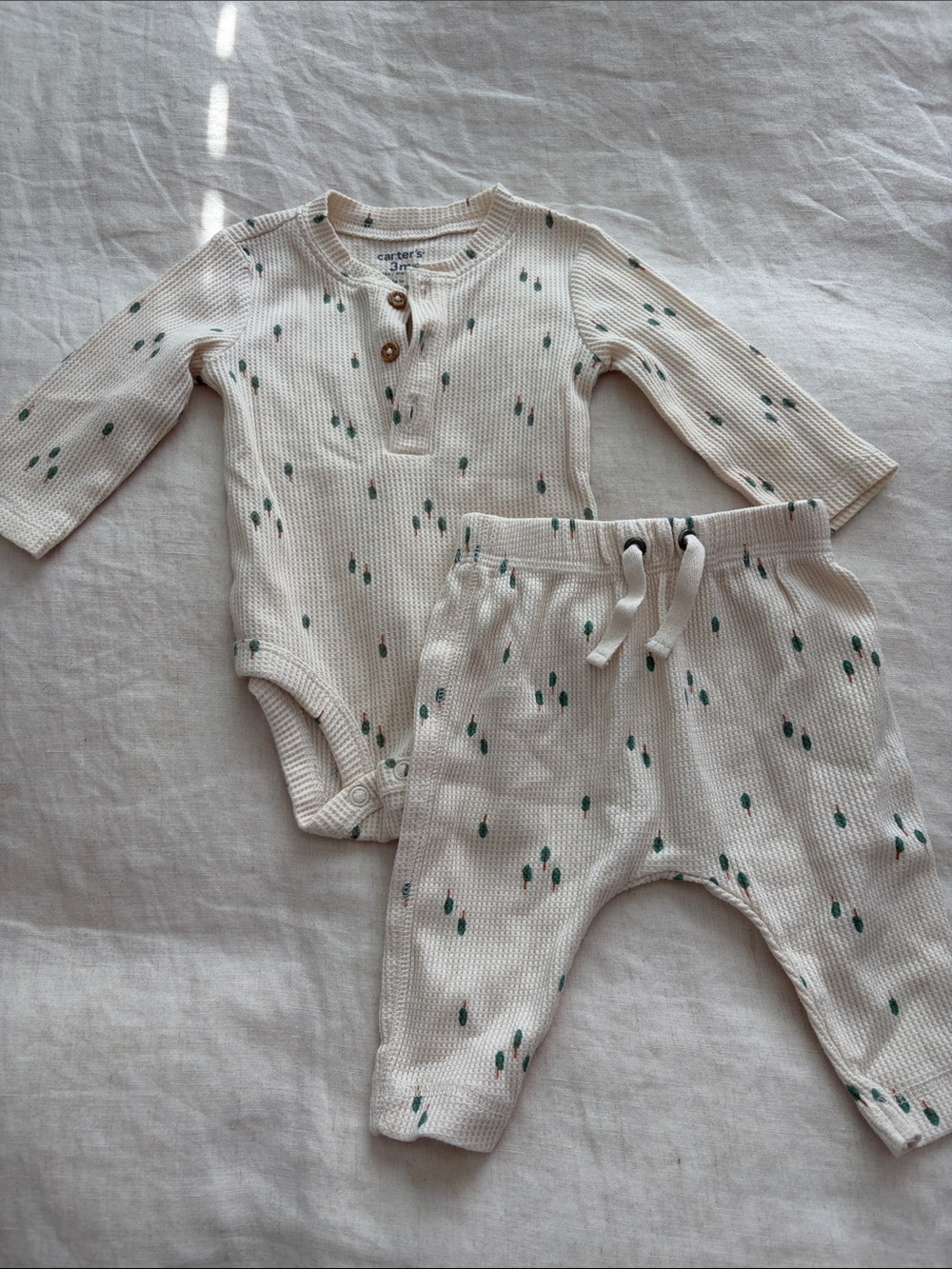 Carter's Ivory Waffle Knit Baby Set with Green Dot Print